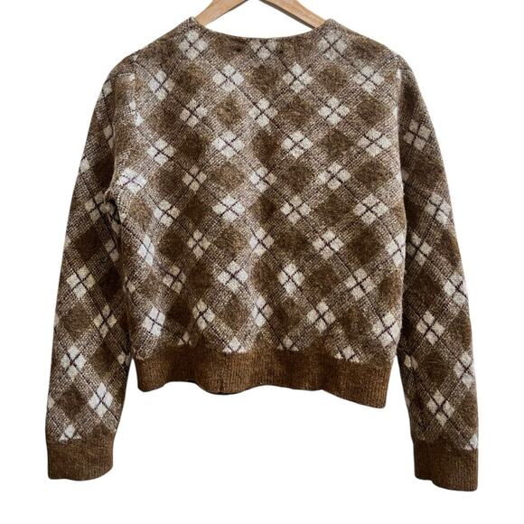 Zara Brown Wool Blend Argyle Print Crew Neck Cropped Cardigan Medium Academia - Picture 4 of 11